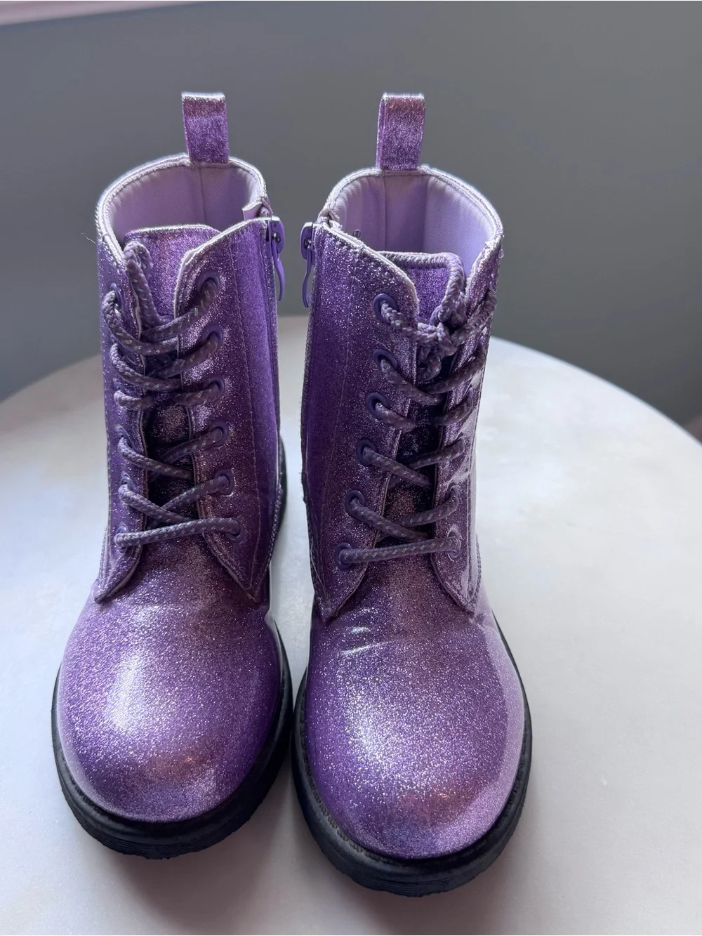 Girls Glitter Lace-Up Combat Boots - Purple sparkle EUC